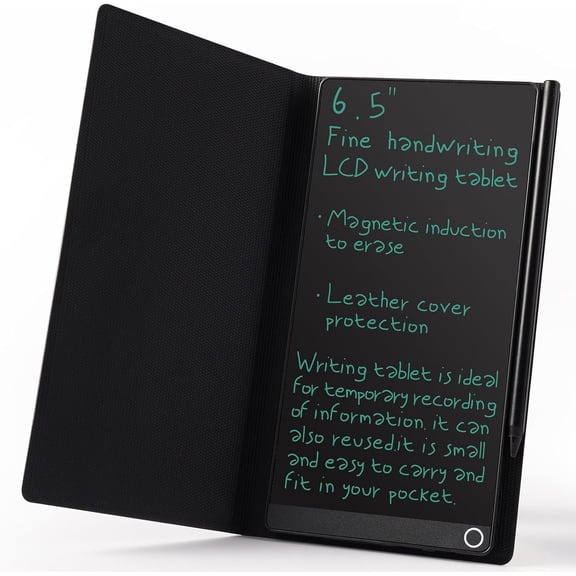 LCD Writing Tablet for Adult: 6.5 Inch Full Screen Mini Digital Notepad Reusable Small Writing Pad with Hall Switch and Leather Case Portable Use for Office Study Teaching