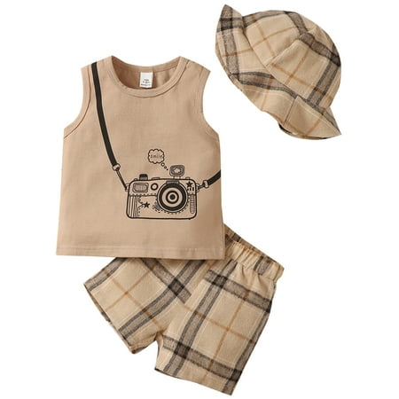 

Binpure Baby Boys Shorts Set Camera Print Tank Top with Elastic Waist Plaid Shorts and Hat Summer Outfit
