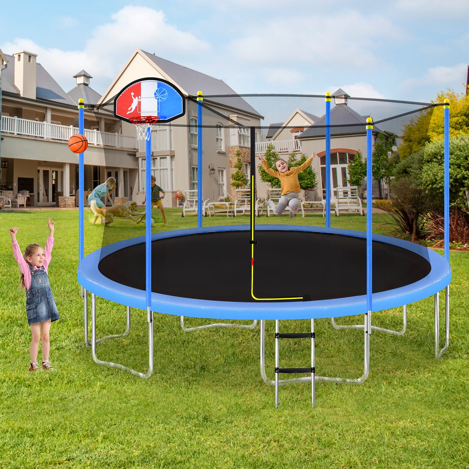 Kadyn 15FT Jumping Trampoline, Metal Mini Small Trampolines with Basketball Hoop and Ladder, Round Recreational Trampoline with Safety Enclosure Net, Blue