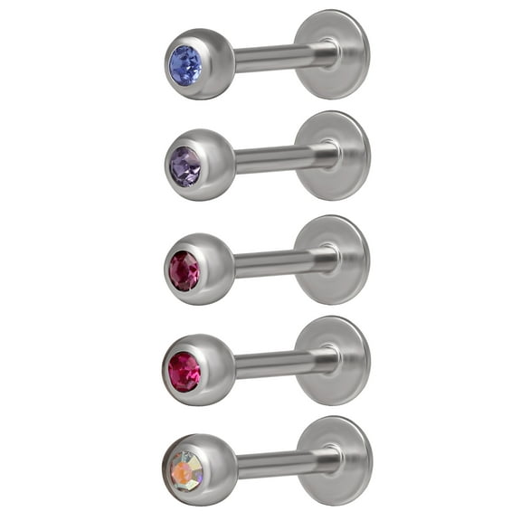 Body Jewelry Women's 18 Gauge Assorted Crystal Labret/Monroe, 5 Pack
