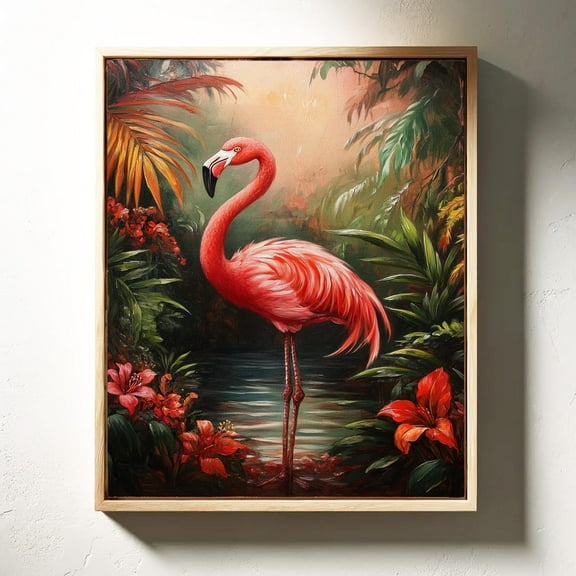 Elegant Flamingo In Tropical Jungle Art Vibrant Pink Bird With Lush Greenery And Red Flowers Exotic Nature Wall Decor Wall Art, Modern Wall Decor, 8x12 UNFRAMED