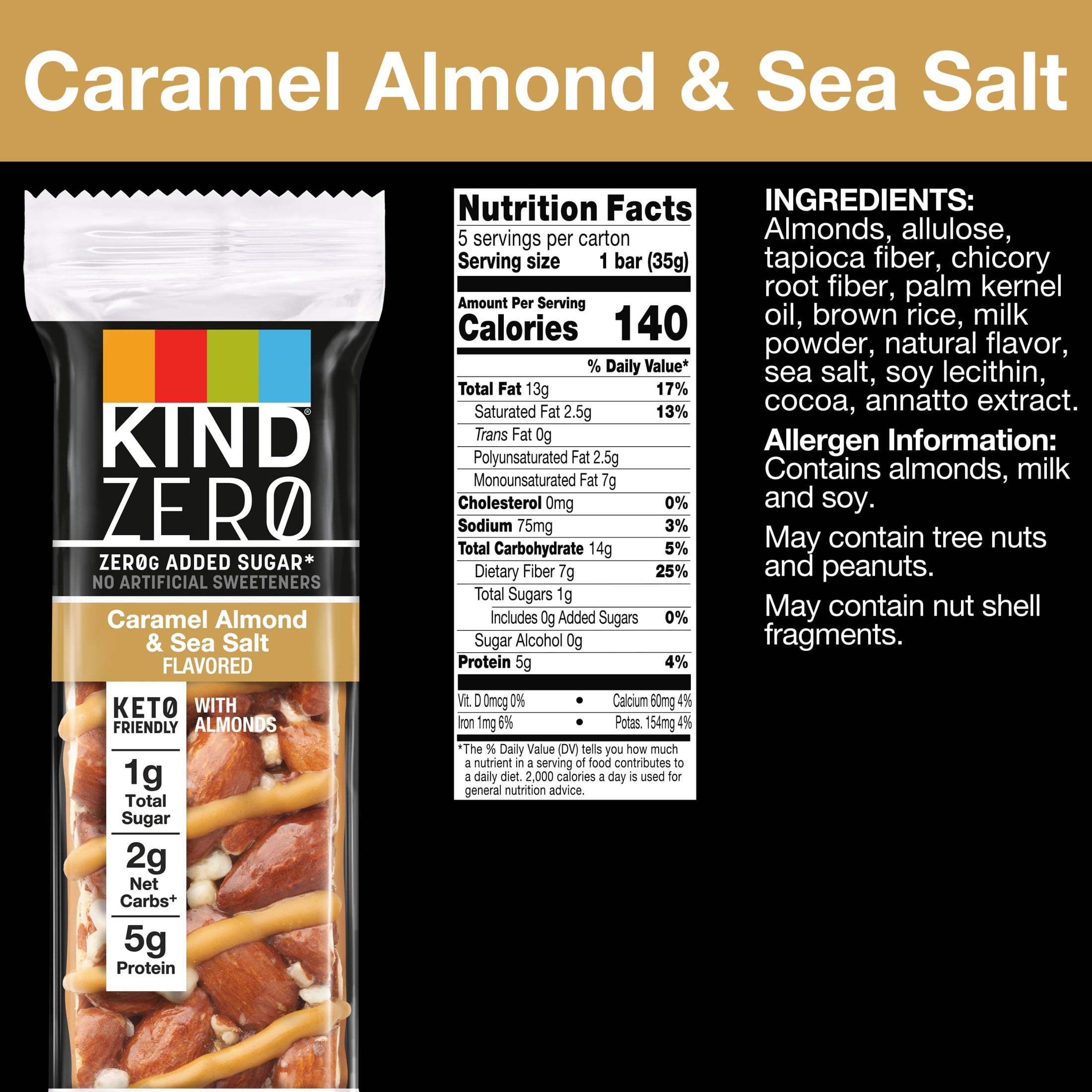 (6 pack) KIND Keto Snack ZEROg Added Sugar Caramel Almond Sea Salt Bars Box 6.2oz