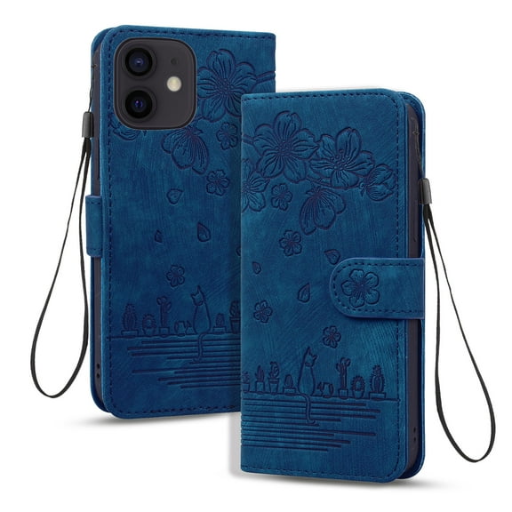 Dteck for iPhone 12 Mini Case, PU Leather Embossed Comic Flip Wallet Case with Cart Slot Hand Strap and Kickstand Shockproof Protective Case for iPhone 12 Mini 5.4" 2020 Women Men, Blue
