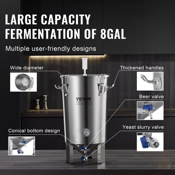 304 Stainless Steel 8 Gallon Beer Brew Fermentor, Brewing Bucket with Lid, Handle, Valve, Spigot & Thermometer, Home Brewing Supplies Kit, Kettle Stock Pot for Fermentation and Storage