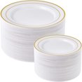 thumbnail image 1 of Gold Plastic Plates Set of 60  Disposable Plastic Party Plates with Gold Rim 30 Dinner Plates 10” and 30 Salad Dessert Appetizer Plates 7”  Elegant Fancy Heavy Duty Wedding Party Plates, 1 of 5