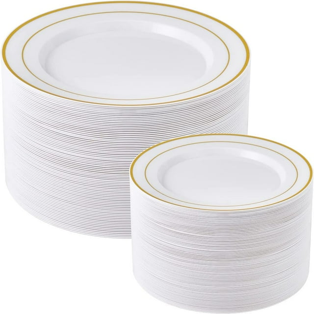 Gold Plastic Plates Set of 60 Disposable Plastic Party Plates with Gold Rim 30 Dinner Plates 10” and 30 Salad Dessert Appetizer Plates 7” Elegant Fancy Heavy Duty Wedding Party Plates