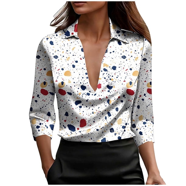Camisas de Cuello de la Tripulación de Manga Corta para las Mujeres de Moda Impreso Profundo Cuello en V para la Primavera / Verano Desgaste Casual