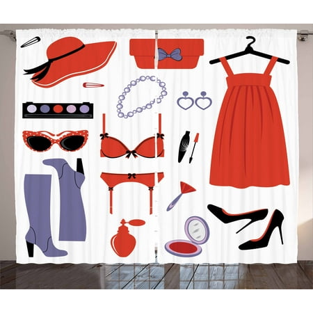 - Heels and Dresses Curtains 2 Panels Set, Glamor Items for Women Attire Sunglasses Lingerie Cosmetics, Window Drapes for Living Room Bedroom, 108W X 108L Inches, Coral Lavender Black, by Ambesonne
