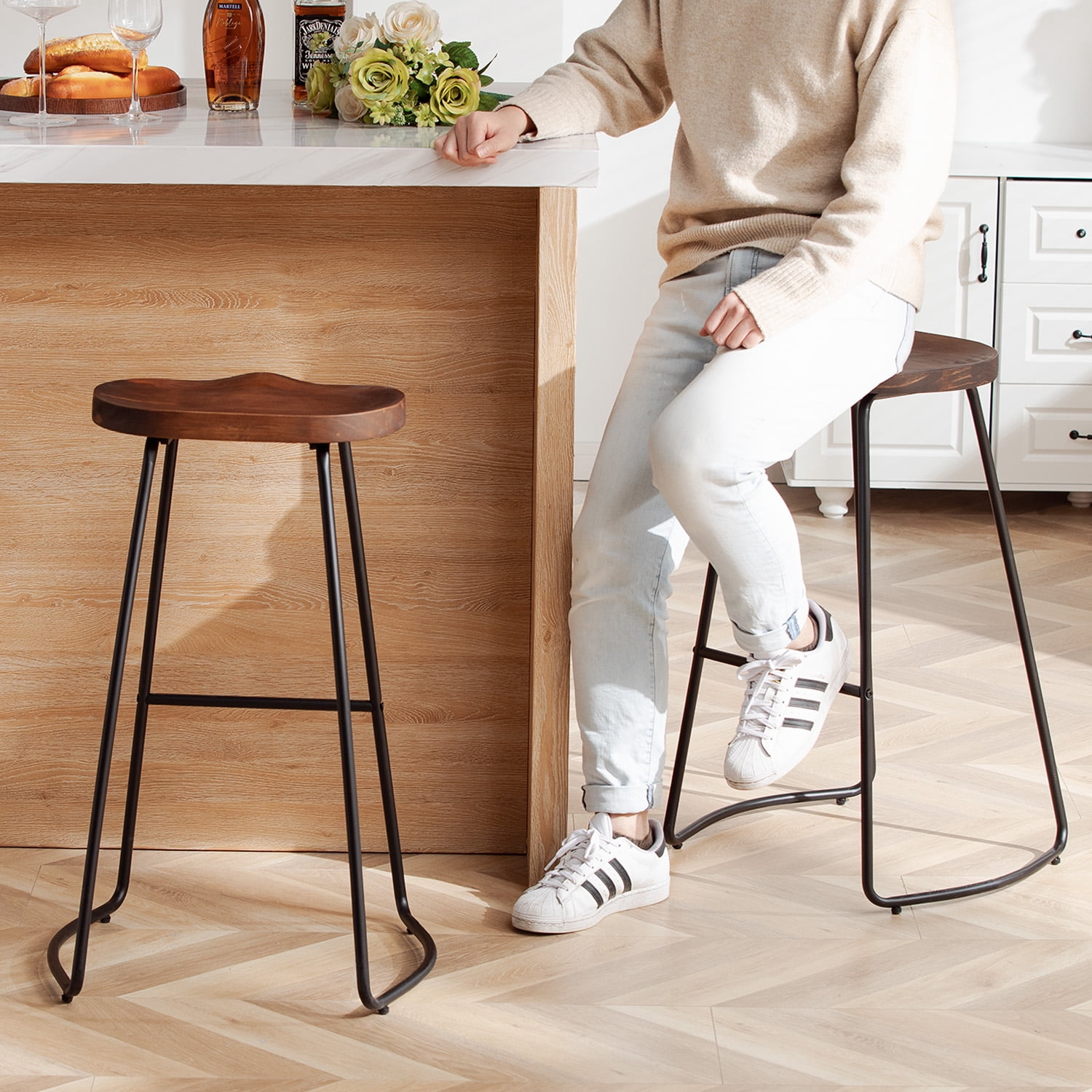 FIRAVOE Bar Height Bar Stools (Saddle Seat Backless) Barstools Set of 2, 30" Rustic Wooden Counter Stools Kitchen Stools