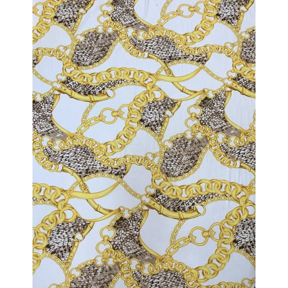 Gold Chains & Animal Print on Polyester Spandex 2 Way Stretch Fabric by The Yard (White)