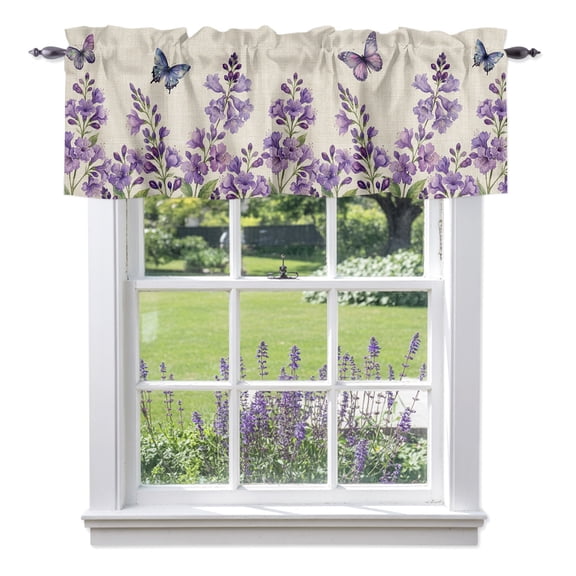 Purple Flowers Valances for Windows, Spring Watercolor Butterfly Linen Texture Valance Window Treatment Rod Pocket Short Curtains Valances for Kitchen Bathroom 42"W x 12"L