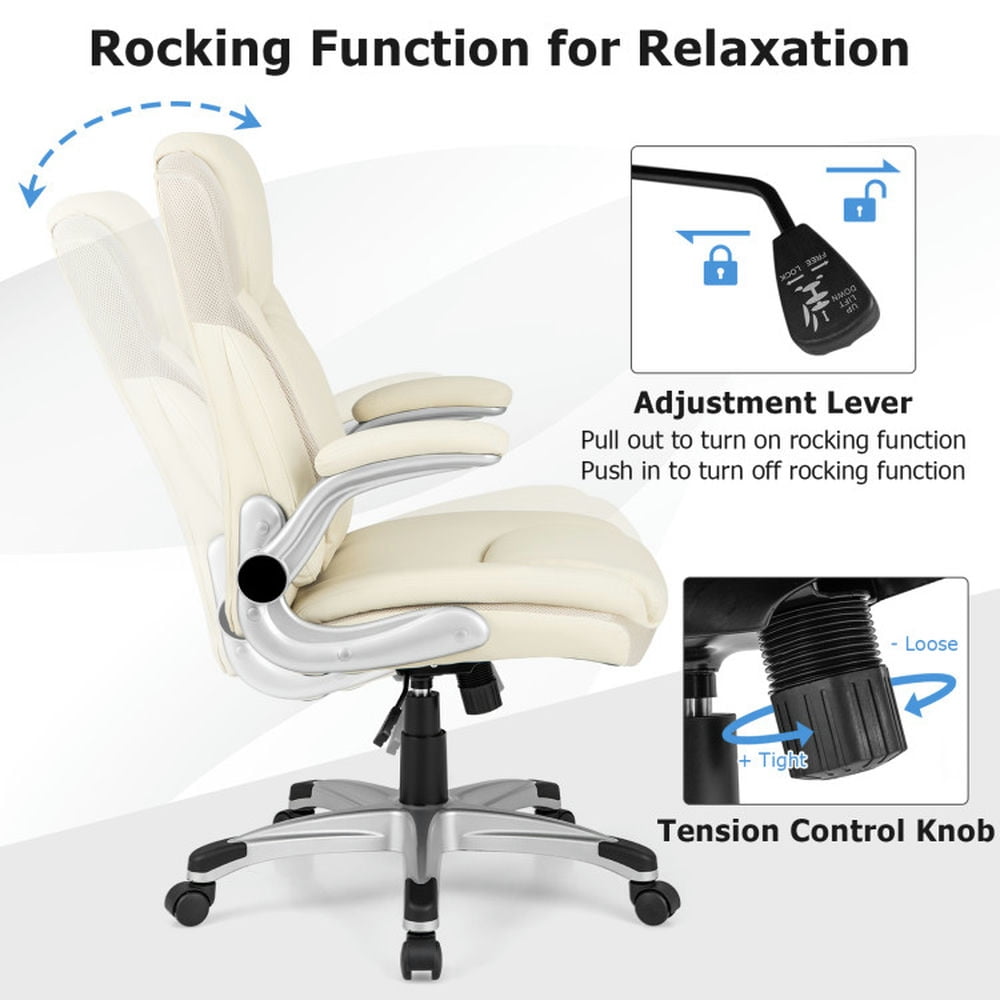Demi Bonn Ergonomic Office PU Leather Executive Chair with Flip-up Armrests and Rocking Function, for Home, Bedroom, Study, White