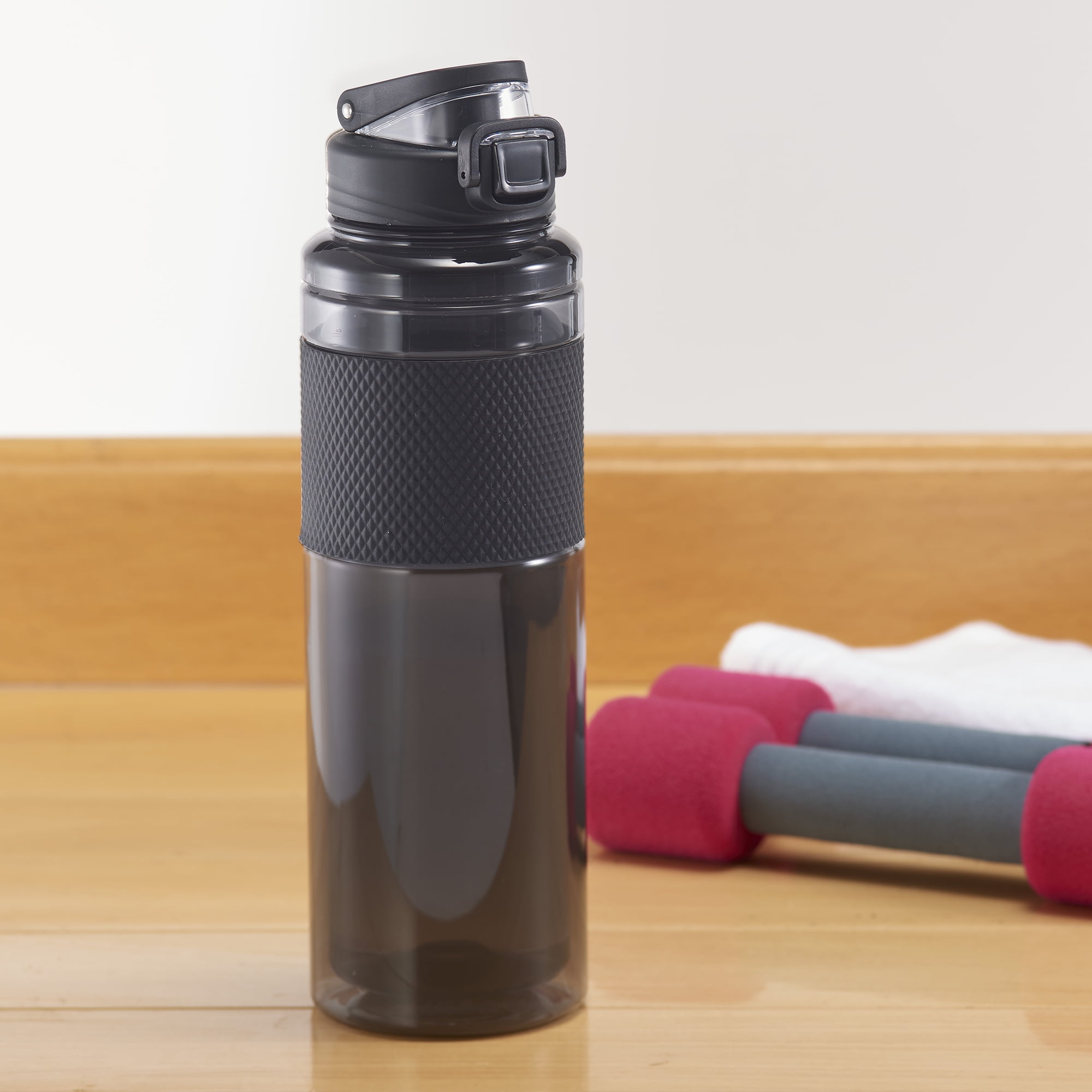 (4 pack) Mainstays 32 Fluid oz Rich Black Solid Print Plastic Water Bottle with Wide Mouth Lid