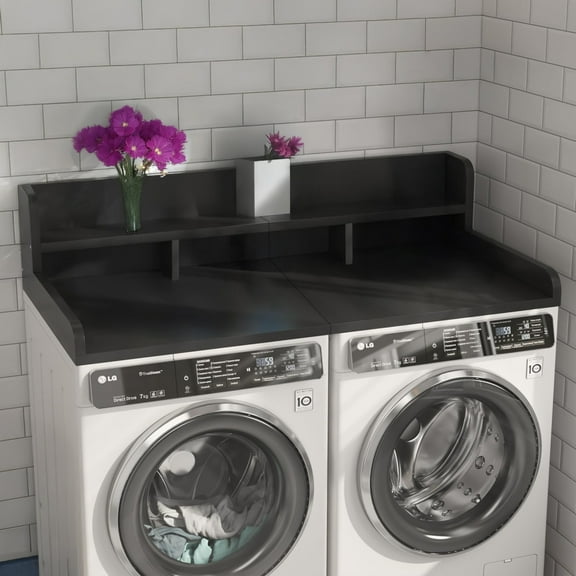 54" W x 27.5" D Double Layer Washer Dryer Countertop with Non-Slip Pads & Edge Baffle, Waterproof MDF Laundry Wood Shelf Topper, Black, for Detergent Storage & Clothes Sorting