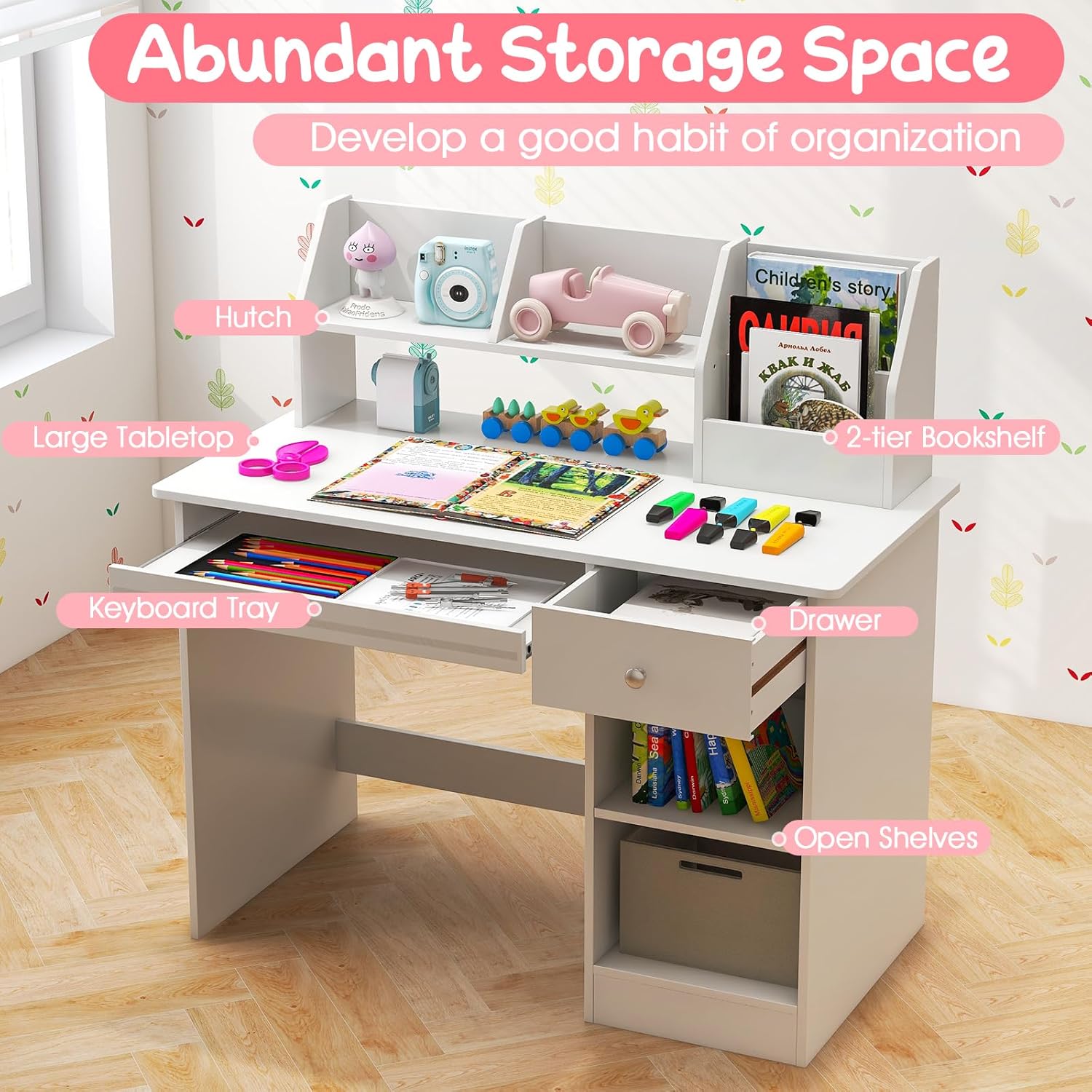 Kids Study Desk, Children Wooden Writing Table with Hutch, Bookshelf, Drawer, Keyboard Tray, Storage Shelves, White Student Computer Desk Workstation for Home School Use, Gift for Boys Girls