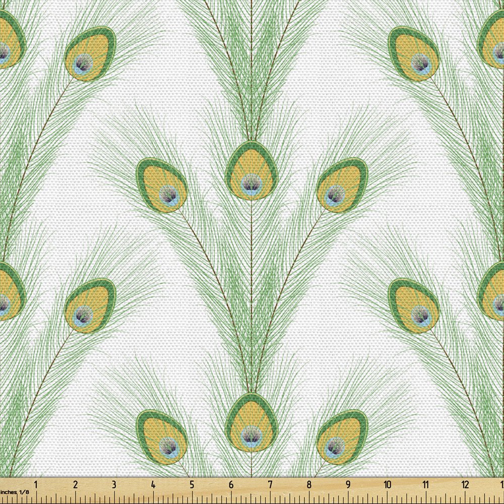 Feather Fabric by The Yard, Bohemian Pattern with Long Peacock Bird Plumes, Decorative Fabric