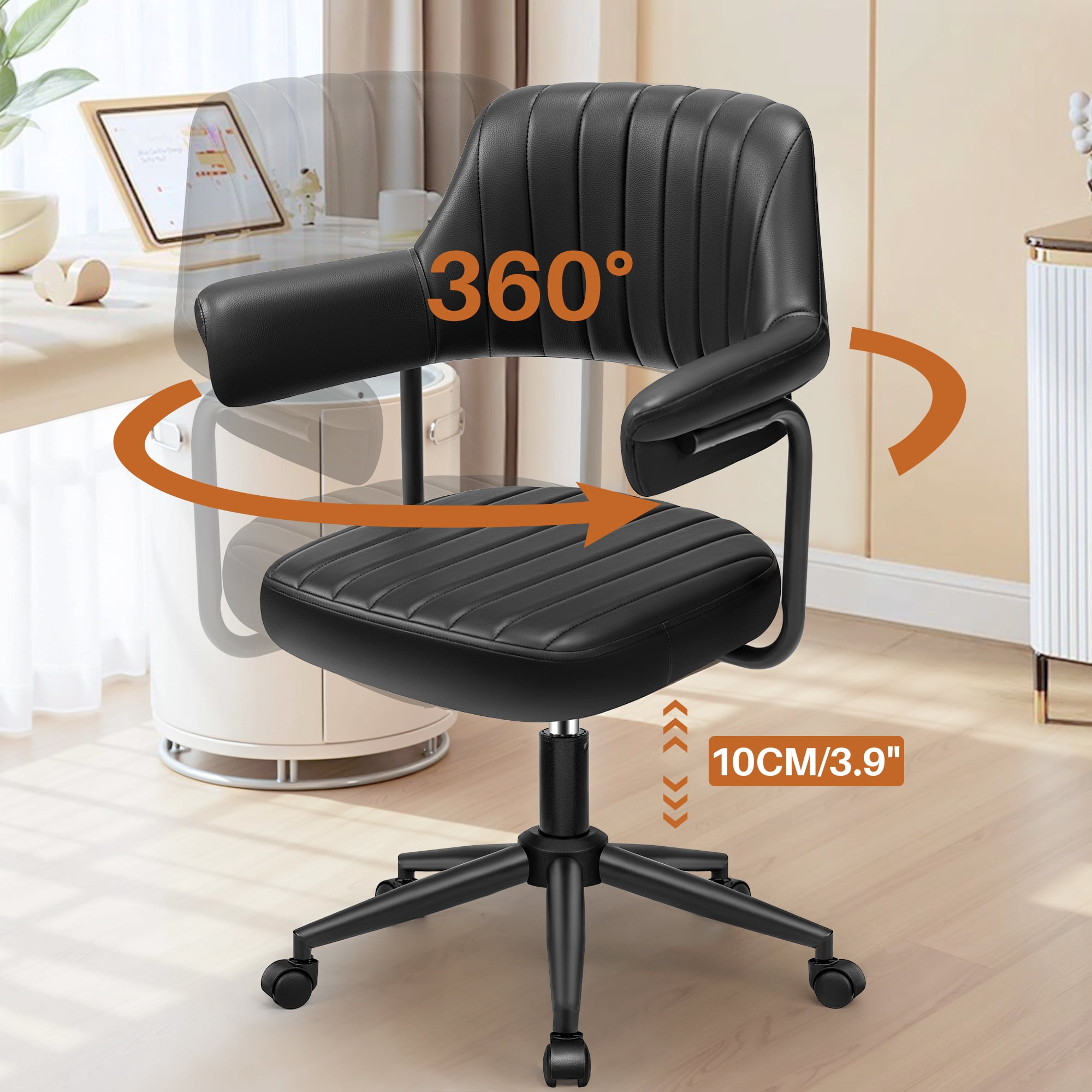 ATHOPE Home Office Chair, Executive Small Leather Office Chair, Desk Chair Comfy with Arms, Height Adjustable Swivel Computer Chair with Lumbar Support, Black