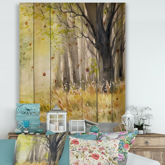 Designart 'Bright Sunshine Through The Yellow Forest Trees II' Traditional Print on Natural Pine Wood