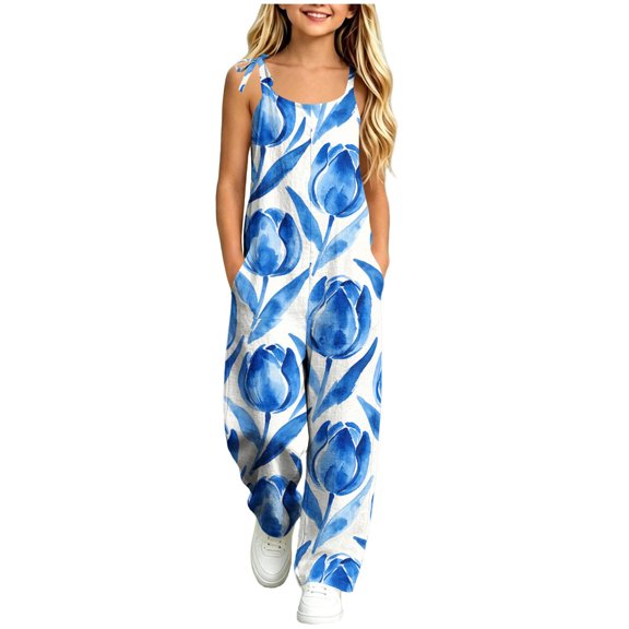Taqqpue Girls Sleeveless Jumpsuit Spaghetti Strap Wide Leg Romper with Side Pockets Print Casual Summer Fall Outfit Clothes Oversize Long Trousers Pants for Girls Kids Size 5-16 Years