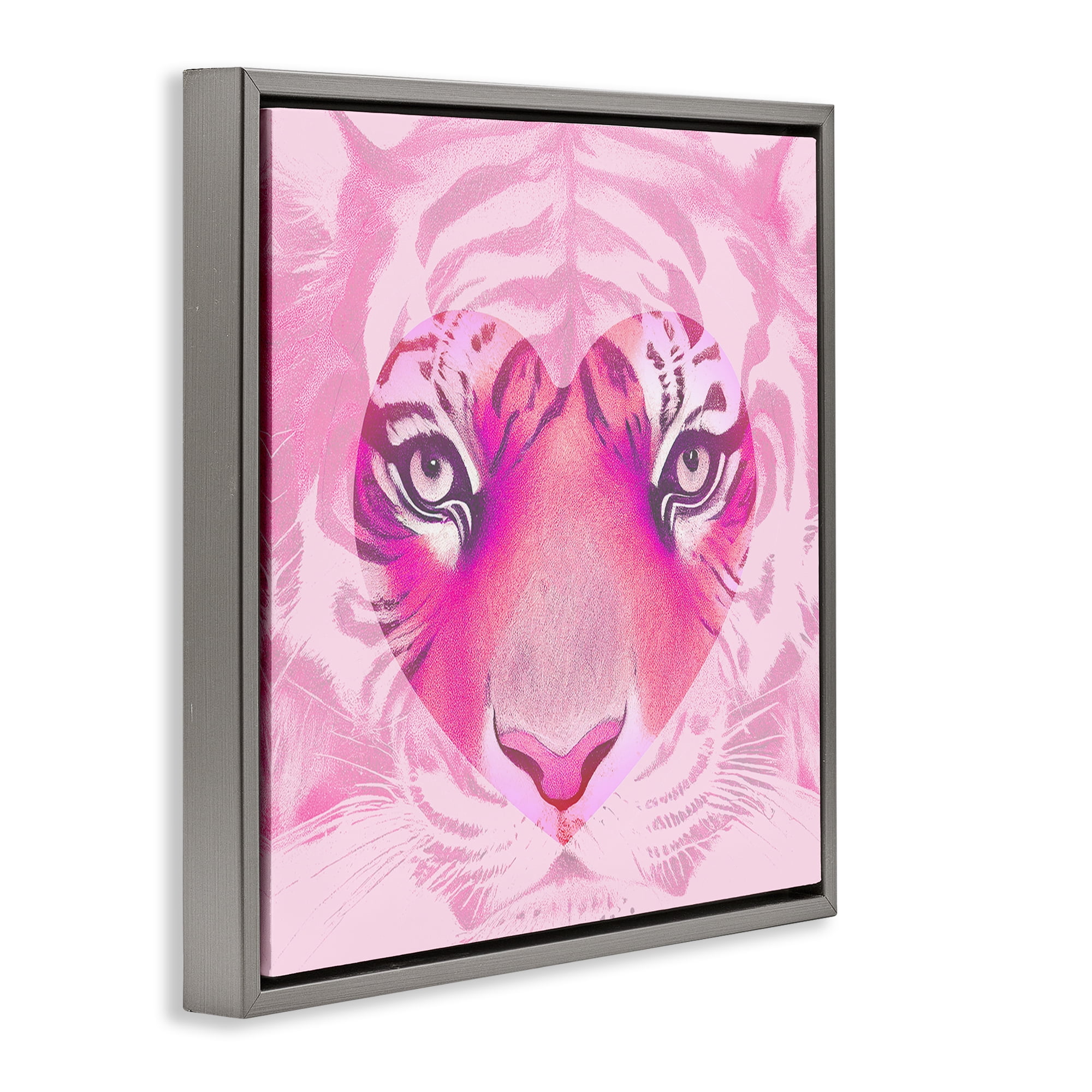 Stupell Industries Pink Heart Tiger Face Animals Painting Gray Floater Framed Canvas Art Print Wall Art, 25 x 25