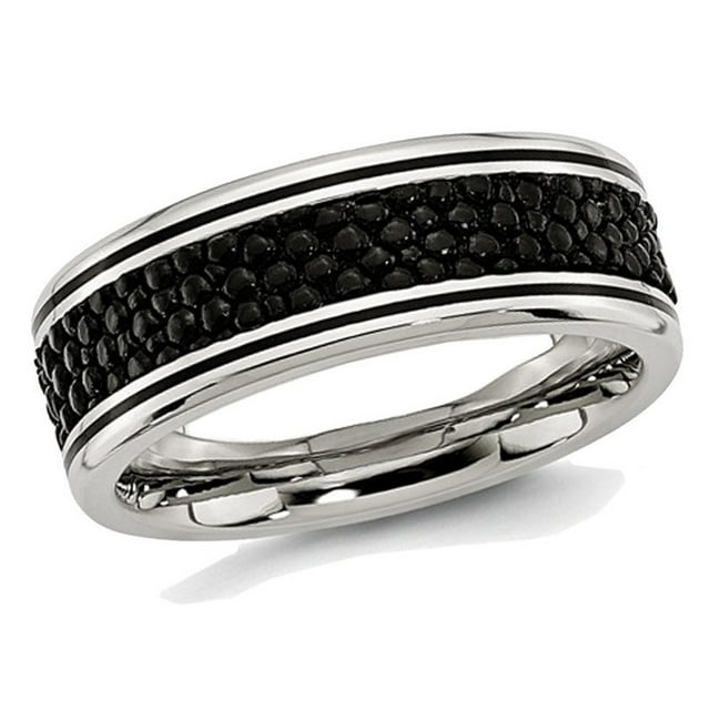 Mens Stainless Steel 8mm Grooved Stingray Inlay Wedding Band Ring