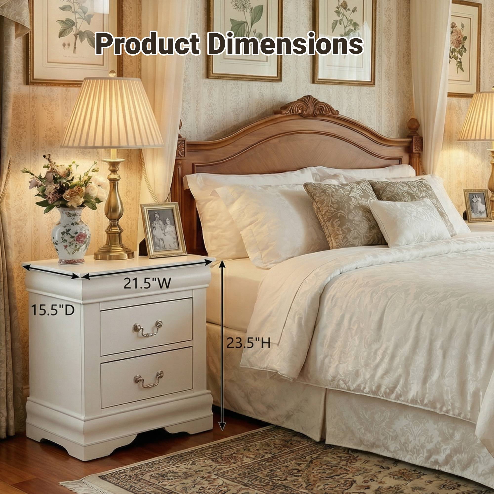 Traditional Solid Wood Nightstand with 2 Drawers in Black / Dark Cherry / White