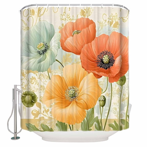 Shower Curtain Bathroom Set Watercolor Poppy Green Leaves Waterproof Fabric Shower Curtains with Grommets&Hooks Classic Blossom Floral Privacy Bath Curtain for Bathtub 36x72in