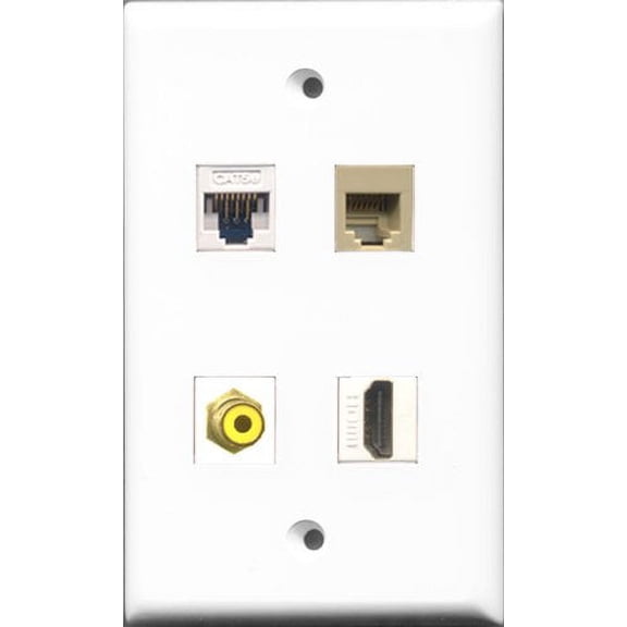 RiteAV 1 Port HDMI and 1 Port RCA Yellow and 1 Port Phone RJ11 RJ12 Beige and 1 Port Cat5e Ethernet White Wall Plate