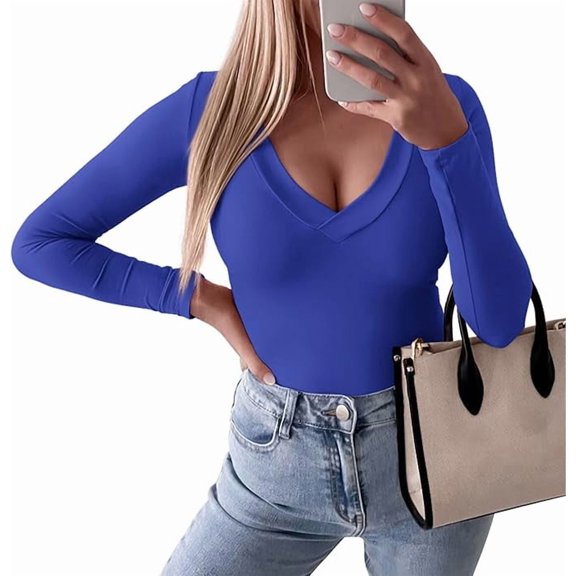 PRETTYGARDEN Long Sleeve Shirts for Women Fall Fashion Going Out Tops Basic Casual V Neck Slim Fitted Y2K Clothes