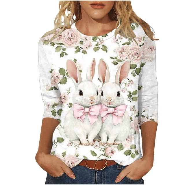 Camisetas de Pascua para Mujeres Sudadera Suelta Casual con Cuello Redondo Y Mangas de Tres Cuartos de Longitud, Divertida Camiseta de Poliéster Impresa para Fiestas de Primavera Y Uso Diario