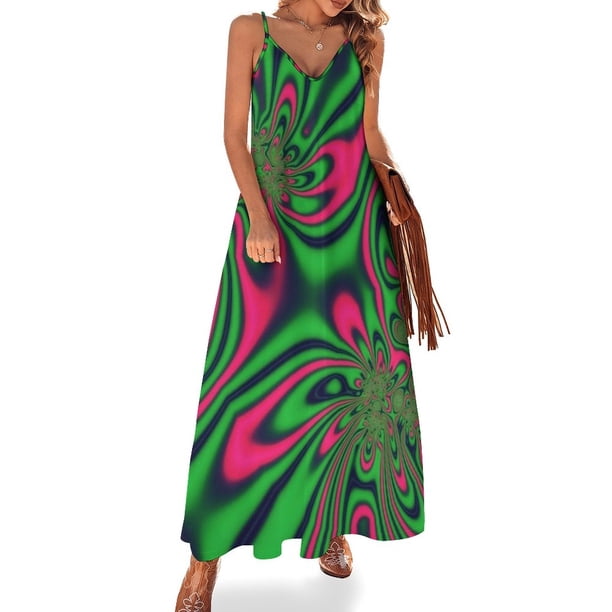 Vestido sin mangas con diseño fractal abstracto en verde y rosa, vestido de noche para mujer, falda de verano para mujer, ropa para mujer