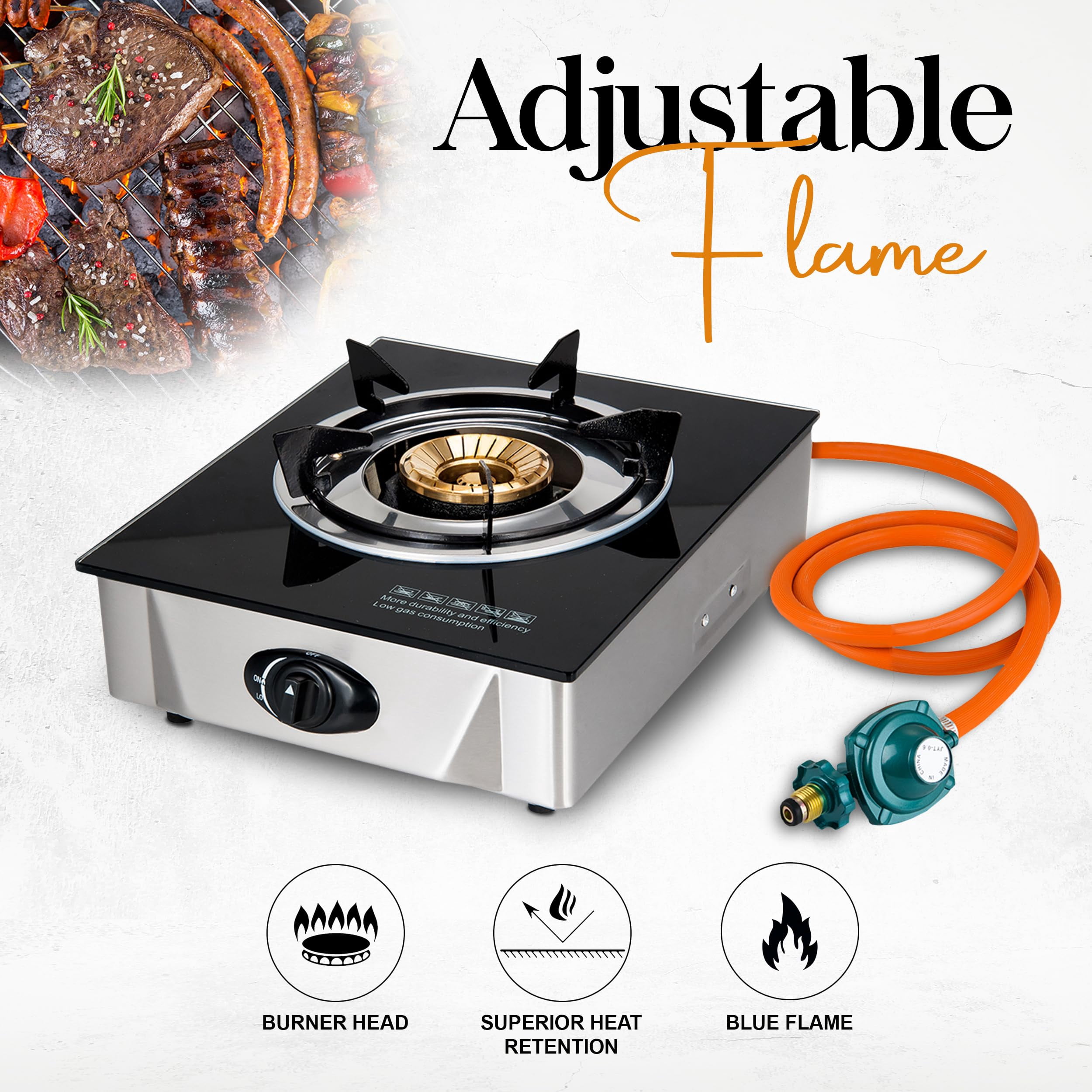 Alpine Cuisine Low-Pressure Gas Single Burner with Hose & Regulator | Kitchen Equipment & Camping Burner | Perfect for Home Cooking & Outdoor Gas Burner | Durable Color Box Packing & Easy To Use