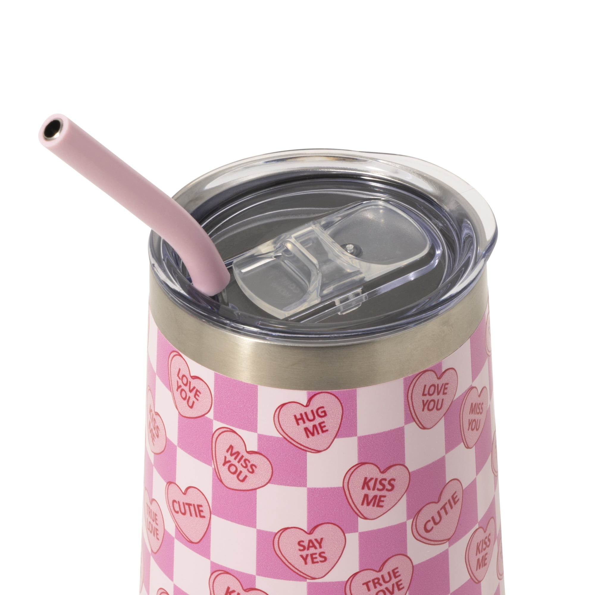 TAL 16oz Stainless Steel Wine Tumbler with Straw, Candy Hearts