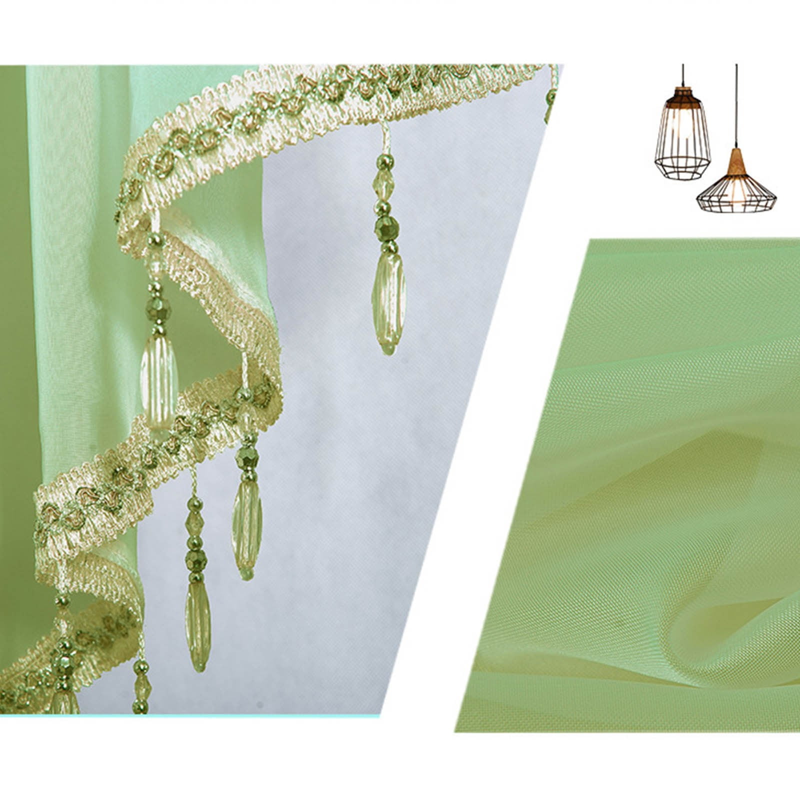 Moqsnm 2 Piece Beaded Triangle Sheer Valance Curtains for Windows Kitchen Living Room Bathroom Bedroom Voile Sheer Rod Pocket Short Window Valance Curtains (Green,51"x24")