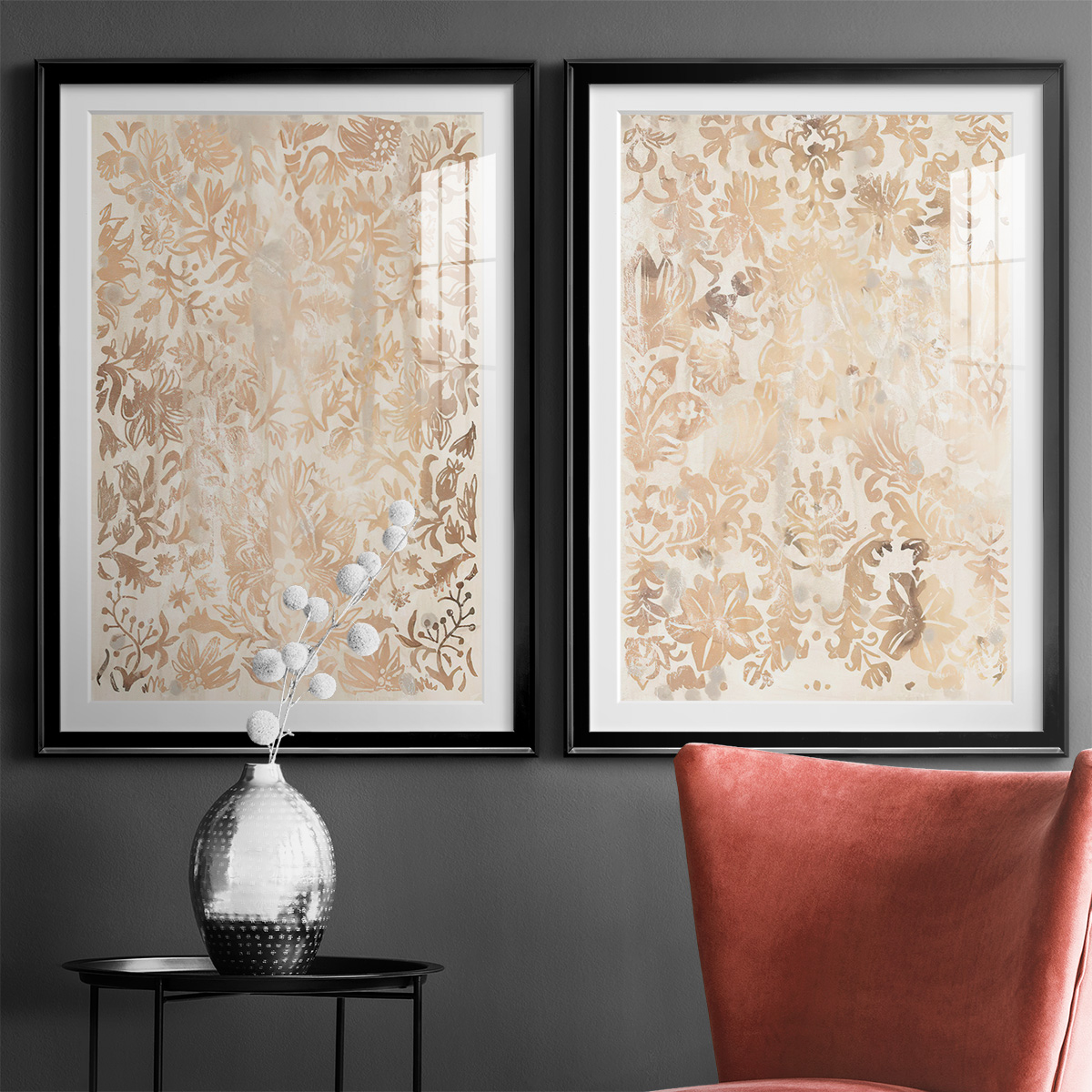 Wexford Home Walnut Damask I Premium Framed Print, 22.5" x 30.5" - Ready to Hang, Black (Set of 2)