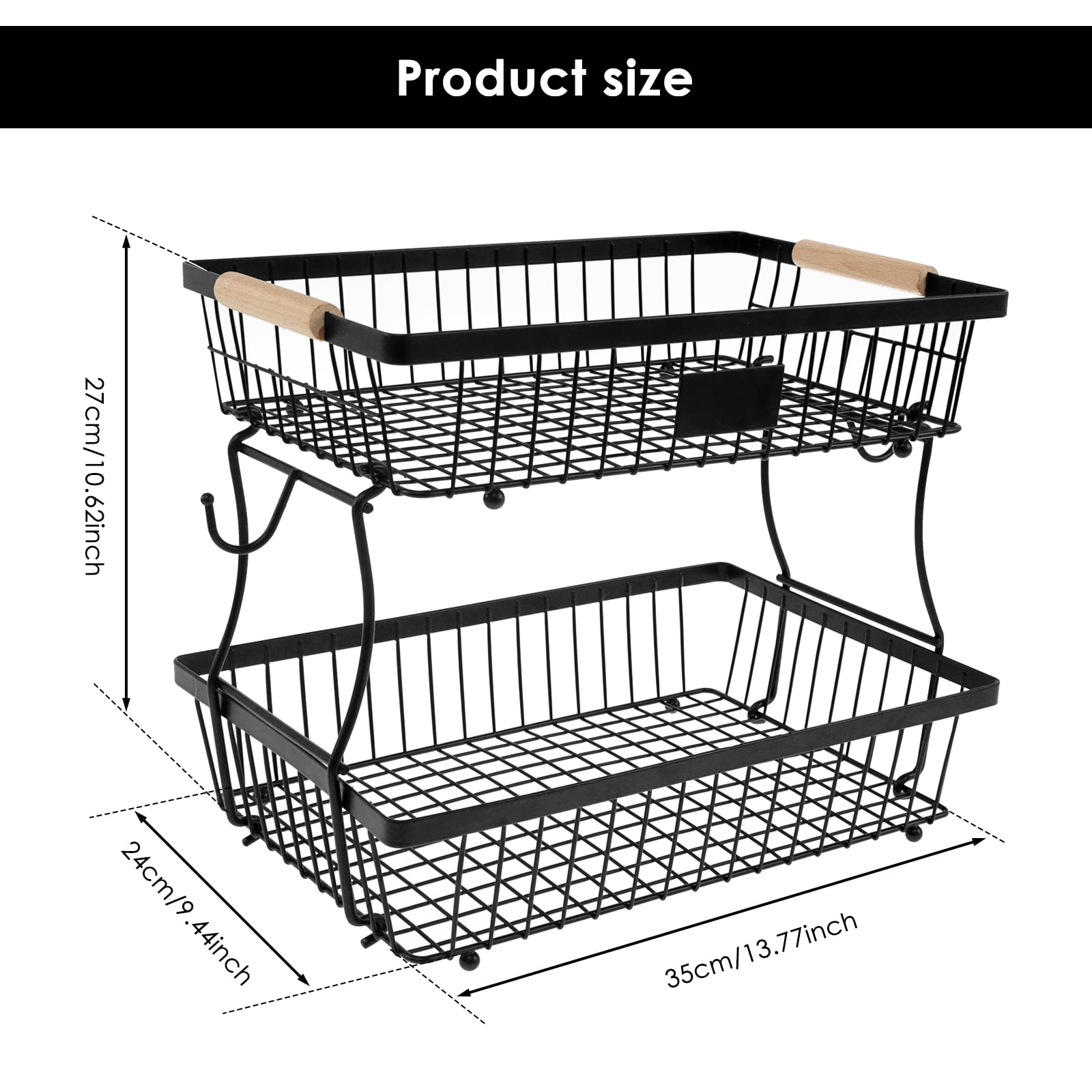 2 Tiers Fruit Basket with 2 Banana Hangers and Wood Handles Detachable Fruit Holder Multifunctional Fruit Rack Kitchen Countertop Rack for Vegetable Fruits Black