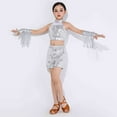 thumbnail image 2 of Moxiu Metallic Performance Outfits for Girls 3-12 Years - Sequin Top with Shorts Tassel Arm Sleeves Disco Sparkly Silver,9 Years, 2 of 6