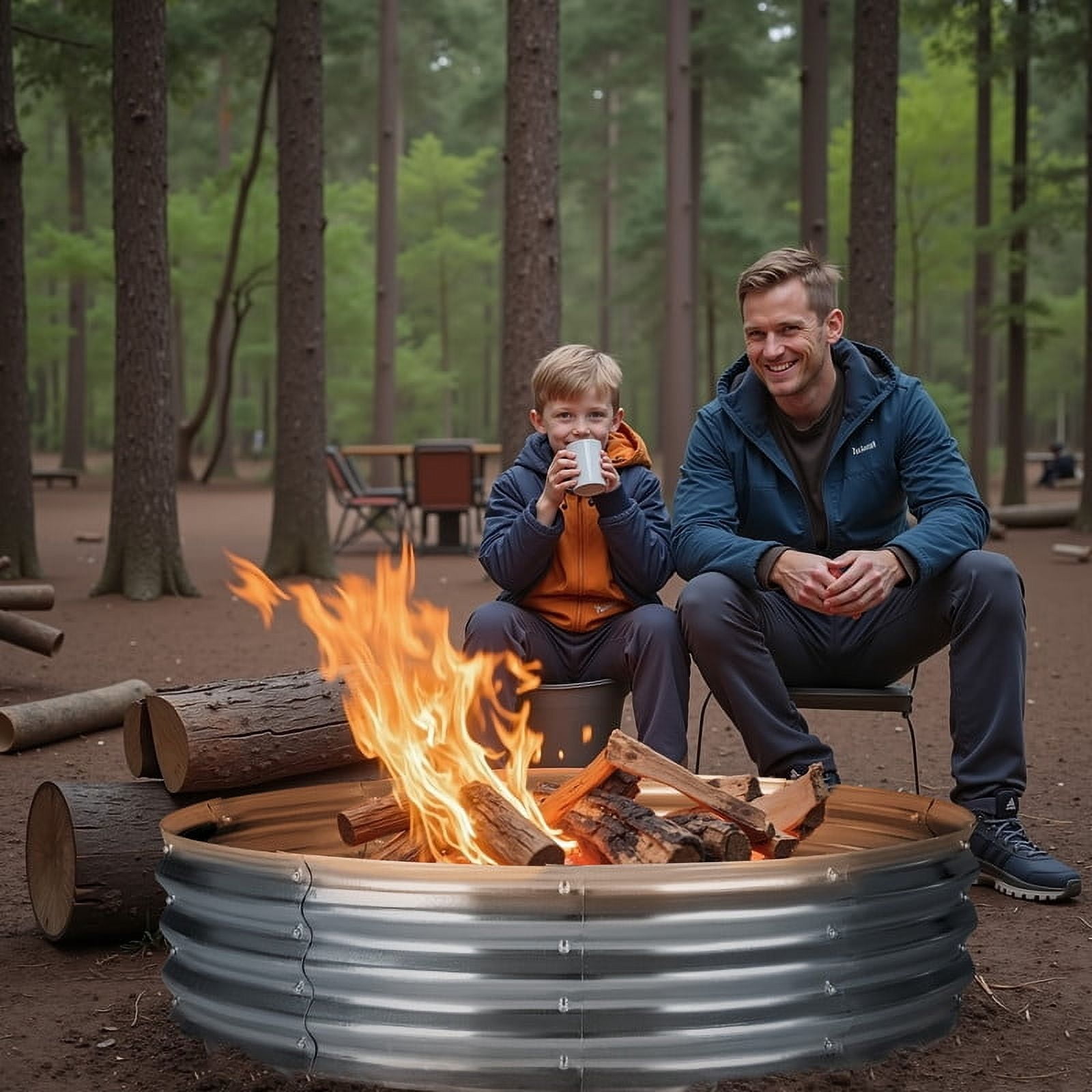 Devoko 48" Outdoor Fire Pit Wood Burning Fire Ring Patio Galvanized Garden Bed for Camping Backyard Planting, Silver