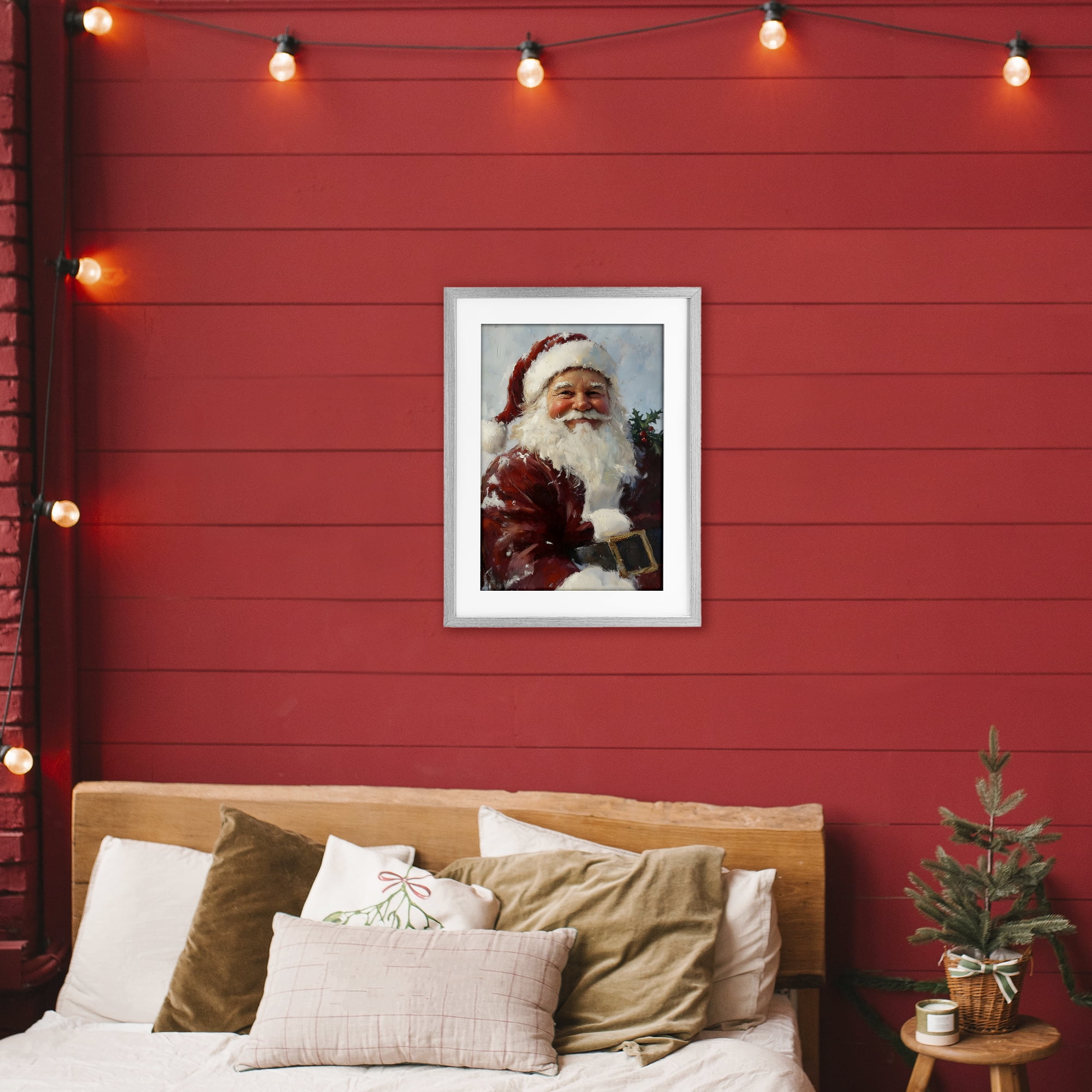 Rosy Cheeked Santa Smile Gray Framed Print Under Glass, design by Petal Prints Design