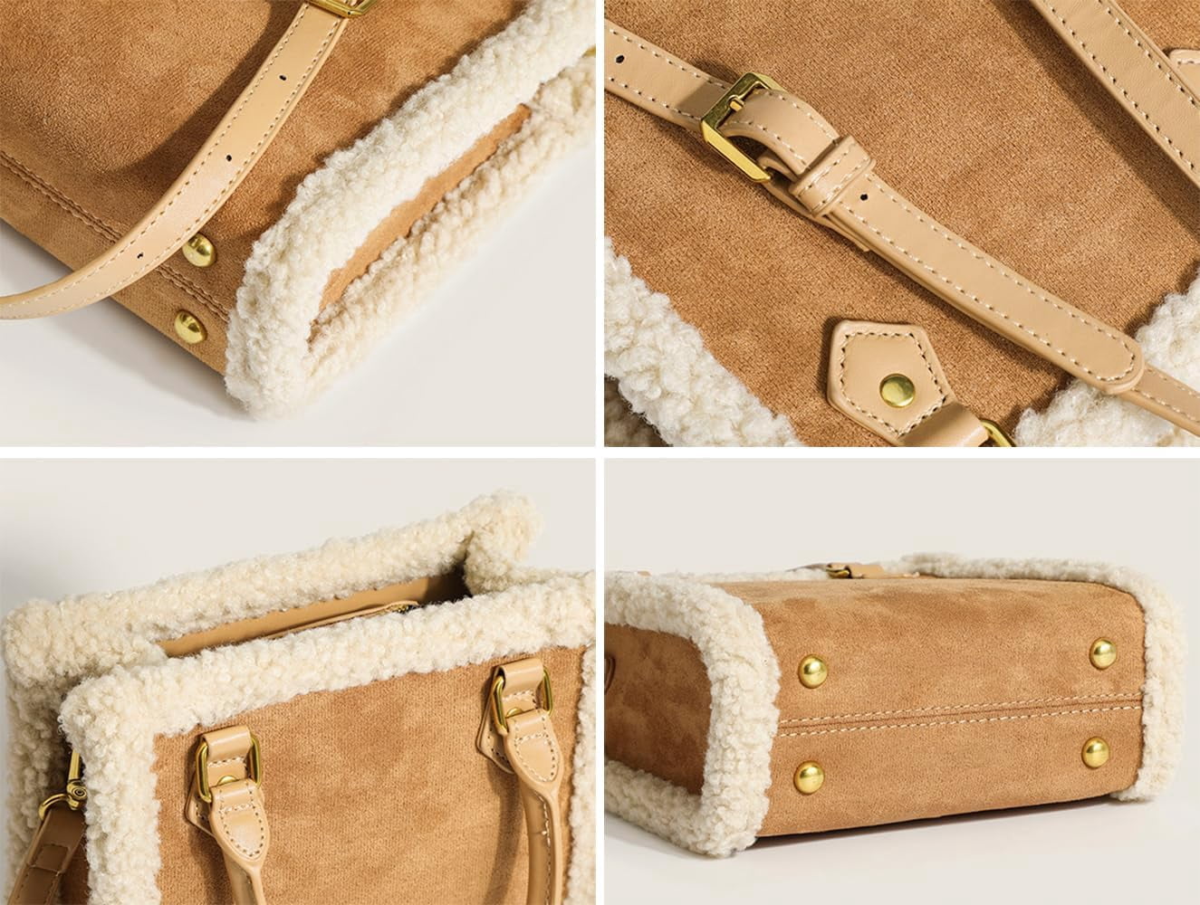 JennyShop Trendy PU Tote Handbag Premium Bag, Square Purse Fashionable Shoulder Bag with Faux Lambswool Decoration for Women