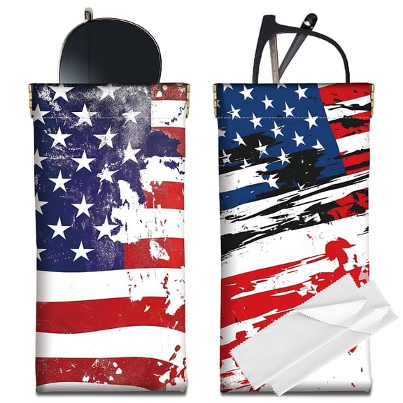 2Pcs Portable Glasses Case Slim Soft Leather Sunglasses Case Bag American Flag Squeeze Top Eyeglasses Holder Pouch Travel with Cleaning Cloth Gift
