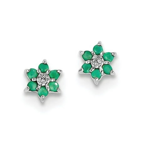 Emerald Loose Gem - Sterling Silver Rhodium Emerald & Diamond Heart Post Earrings. Gem Wt- 0.12ct (6MM)
