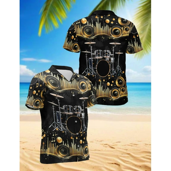 Drum Hawaiian Shirt for Men, Retro Style, Button Down Summer Beach Short Sleeve, S-5XL