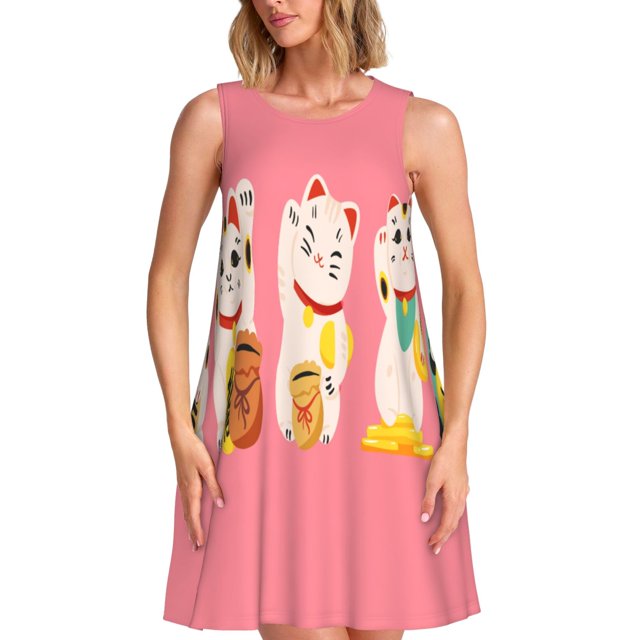 Fotbe Cute Cat Vestido de Verano sin Mangas para Mujer – Vestido Midi Línea A, Estilo Camiseta Floral, Vestido Playero Casual y Fluido