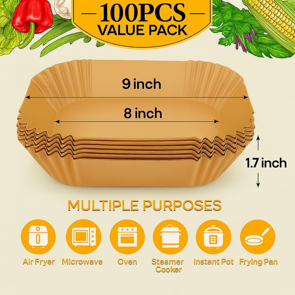 Large Air Fryer Liners, Set of 100, 10 Inch Square Air Fryer Liners, XL Airfryer Disposable Paper Liner, Compatible with Corsori, Ninja, Gourmia Airfryer and More