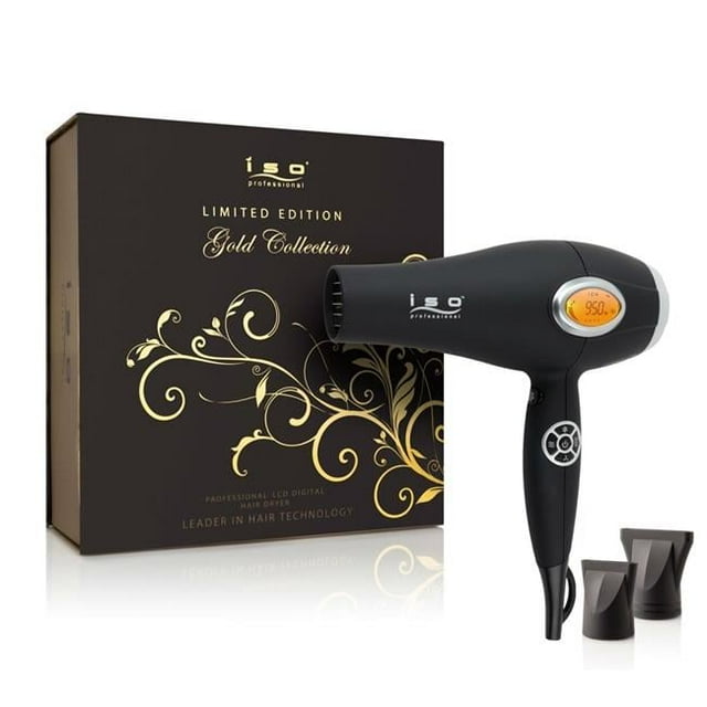 ISO Beauty Digital 1875W Pro Ionic Hair Dryer w/LCD Digital Display - Gold Collection - Black
