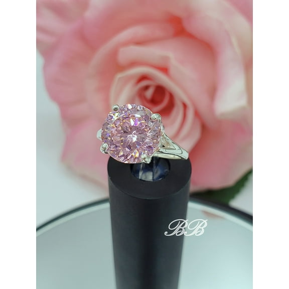 8mm - 13mm Pink Portuguese Cut Cubic Zirconia, 4-Prong Solitaire Ring, 5A Quality CZ, Sterling Silver, Made to Order, Jewelry Gift