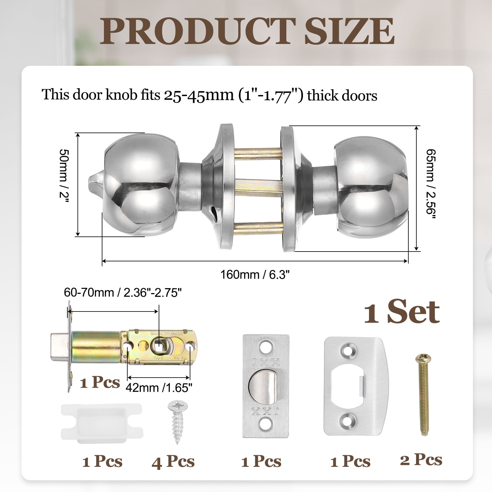 Privacy Door Knob, Round Interior Door Handles Keyless Turn Lock Doorknob with Screws Fits 0.98"-1.77" Thickness for Bedroom, Bathroom Closets, Silver Tone