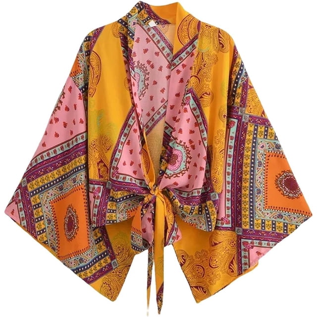 Cárdigan tipo kimono para mujer con estampado floral abierto en la parte delantera