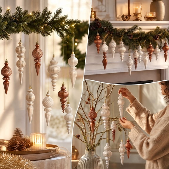 9 Pcs Vintage Christmas Ornaments, Elegant Finial Baubles with Textured Finish, Cream & Gold Holiday Tree Decor for Mantel Window, Classic Xmas Gift Idea 6.7in
